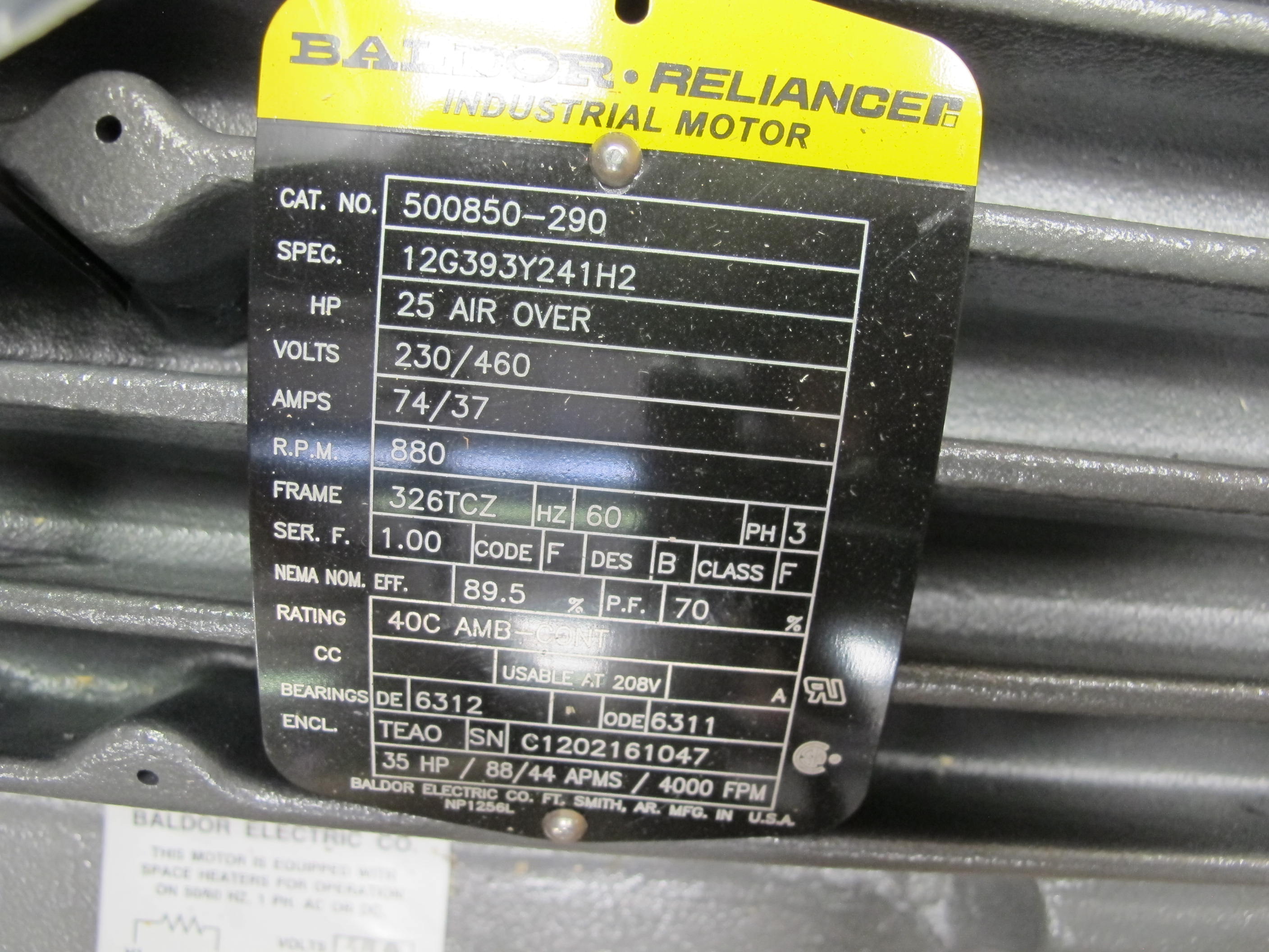 MOTOR, ELECTRIC TYPE, 25 HORSEPOWER, 460 V, 326TCZ FRAME, INSUL CL F, SHIELDED BEARINGS. FOR USE WITH FAN BLADE ASSEMBLY 00525110-00029, PART # 00500850-00290 (W-44) LOADING & HANDLING FEE $15-